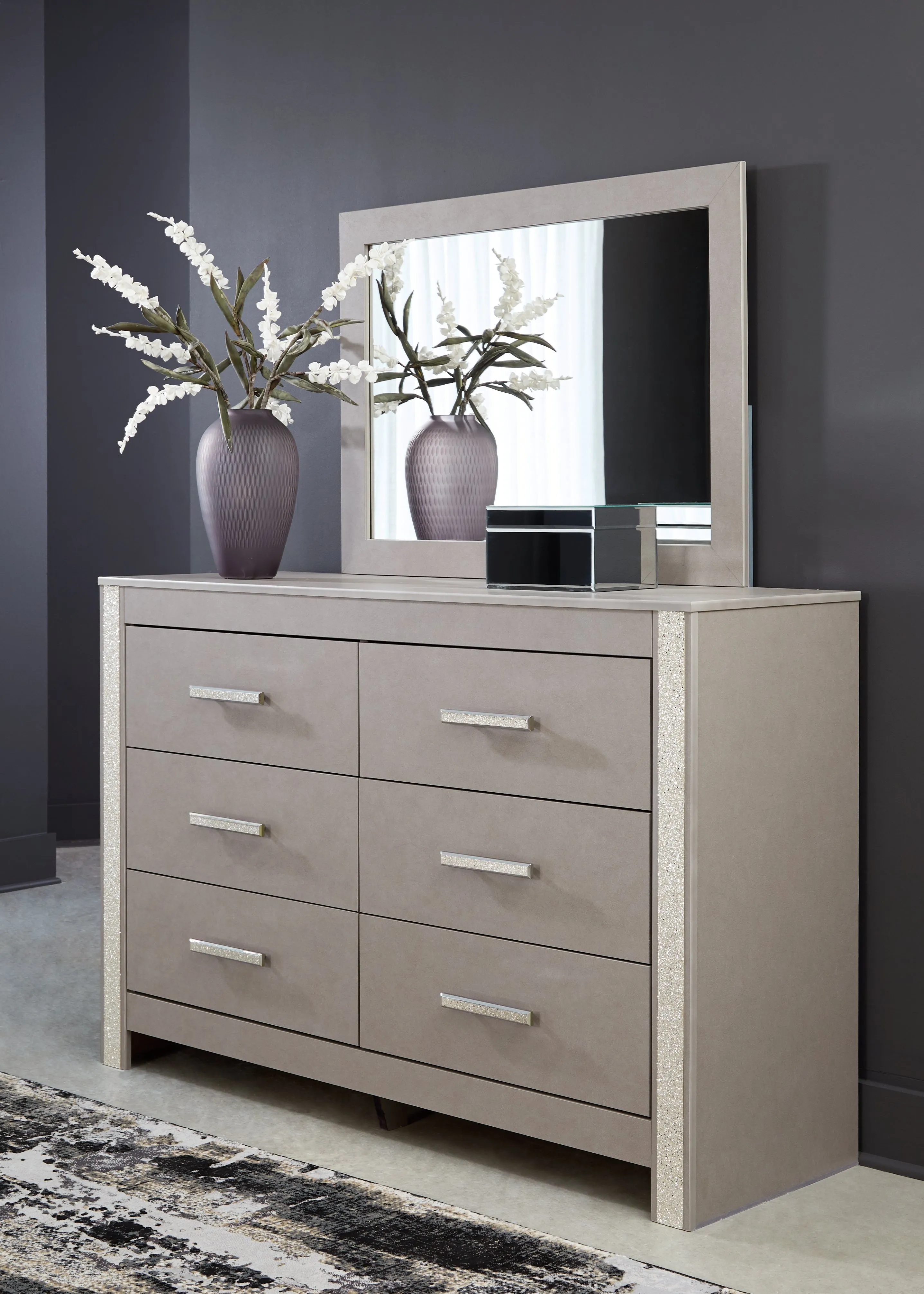 Surancha Queen/Full Panel Headboard with Mirrored Dresser and Nightstand in Gray