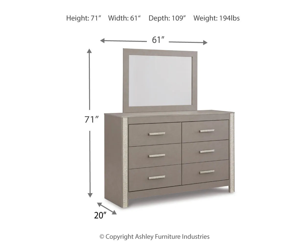 Surancha Queen/Full Panel Headboard with Mirrored Dresser and Nightstand in Gray