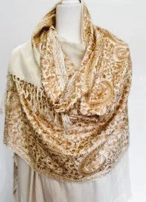 Tanaya Embroidered Wool Shawl. Collector's shawl. Gold & Ivory