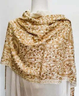 Tanaya Embroidered Wool Shawl. Collector's shawl. Gold & Ivory