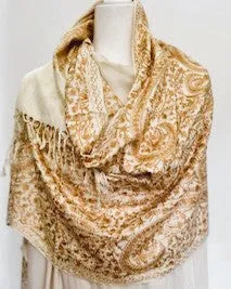 Tanaya Embroidered Wool Shawl. Collector's shawl. Gold & Ivory
