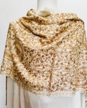 Tanaya Embroidered Wool Shawl. Collector's shawl. Gold & Ivory