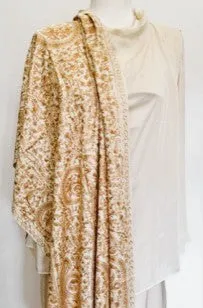 Tanaya Embroidered Wool Shawl. Collector's shawl. Gold & Ivory