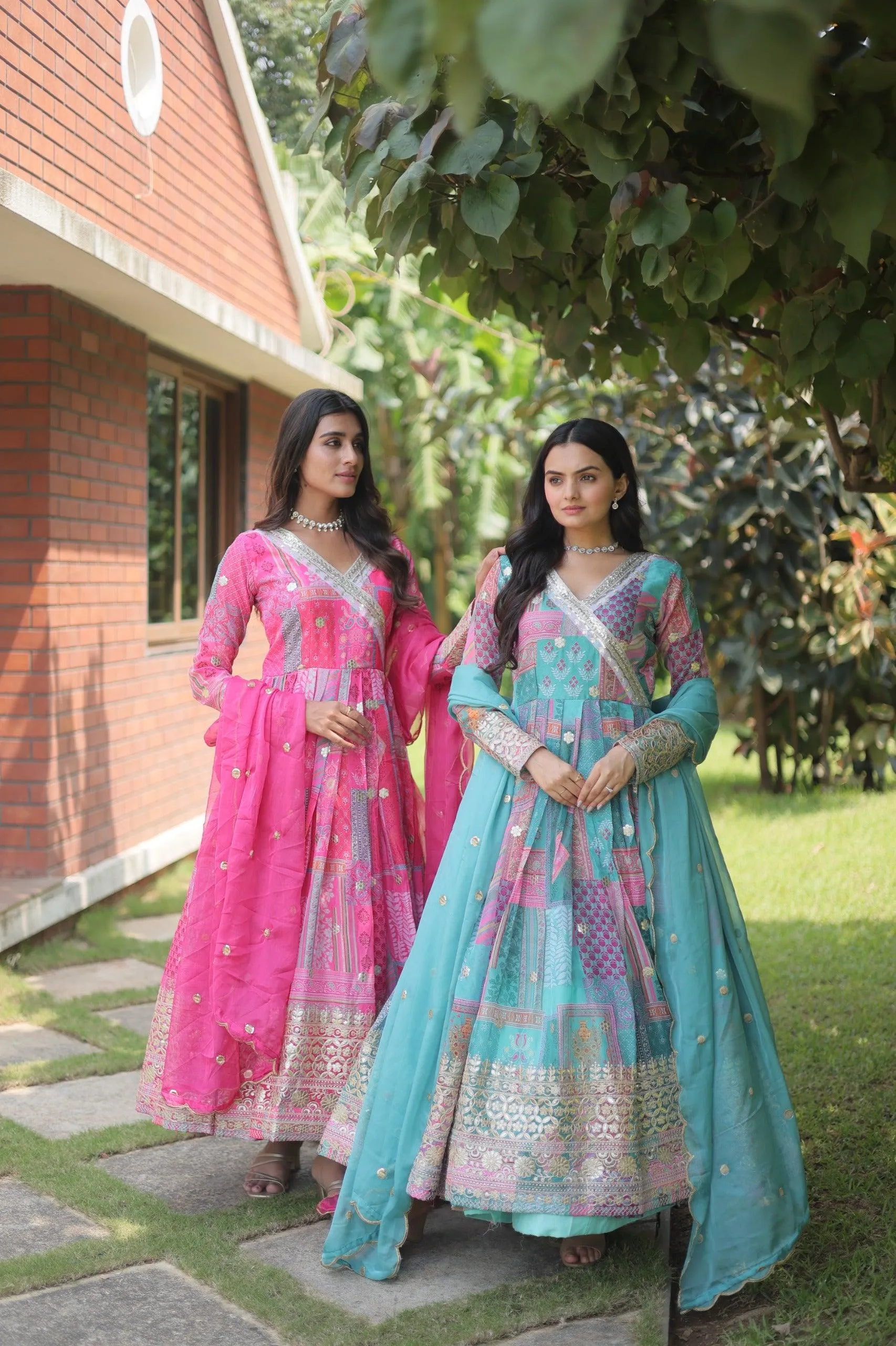 Teal Celestial Silk Embroidered Gown-Dupatta Set