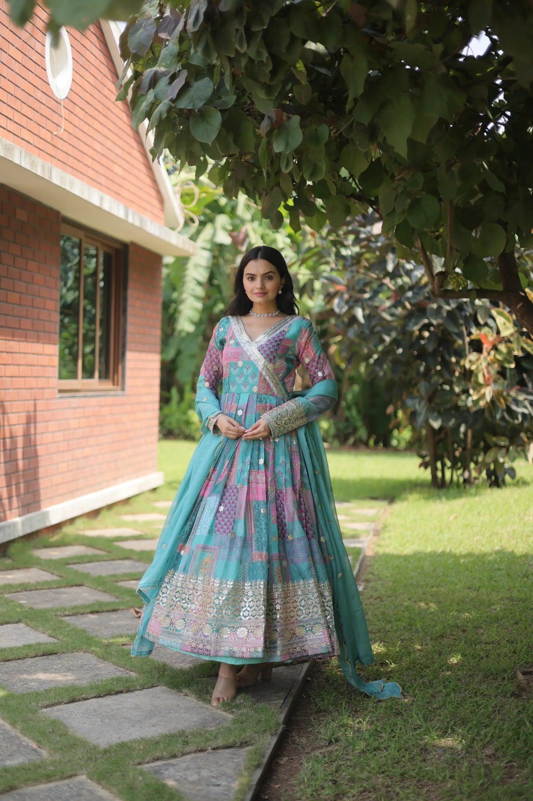 Teal Celestial Silk Embroidered Gown-Dupatta Set