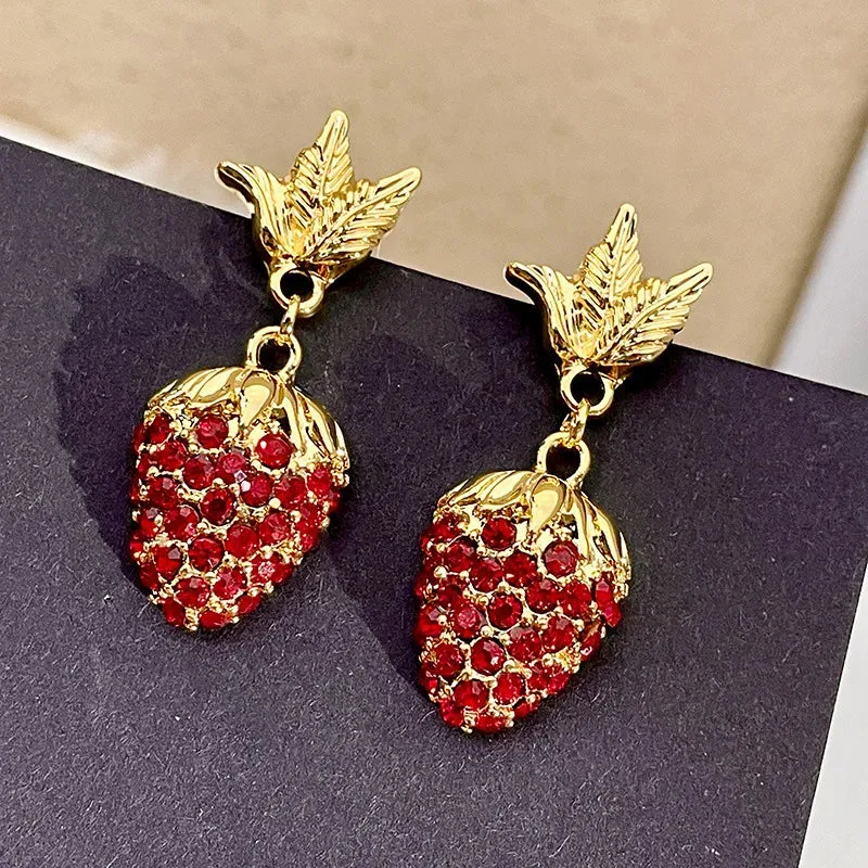 VAIGE Dazzling Red Strawberry Zirconia Gold Plant Drop Earrings