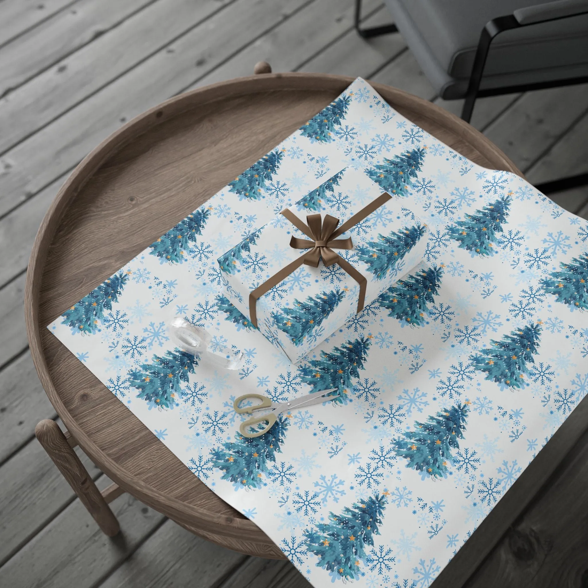 Winter Wonderland Wrapping Paper : Blue Christmas Tree and Snowflake Holiday Gift Wrap, Premium Eco-Friendly Design