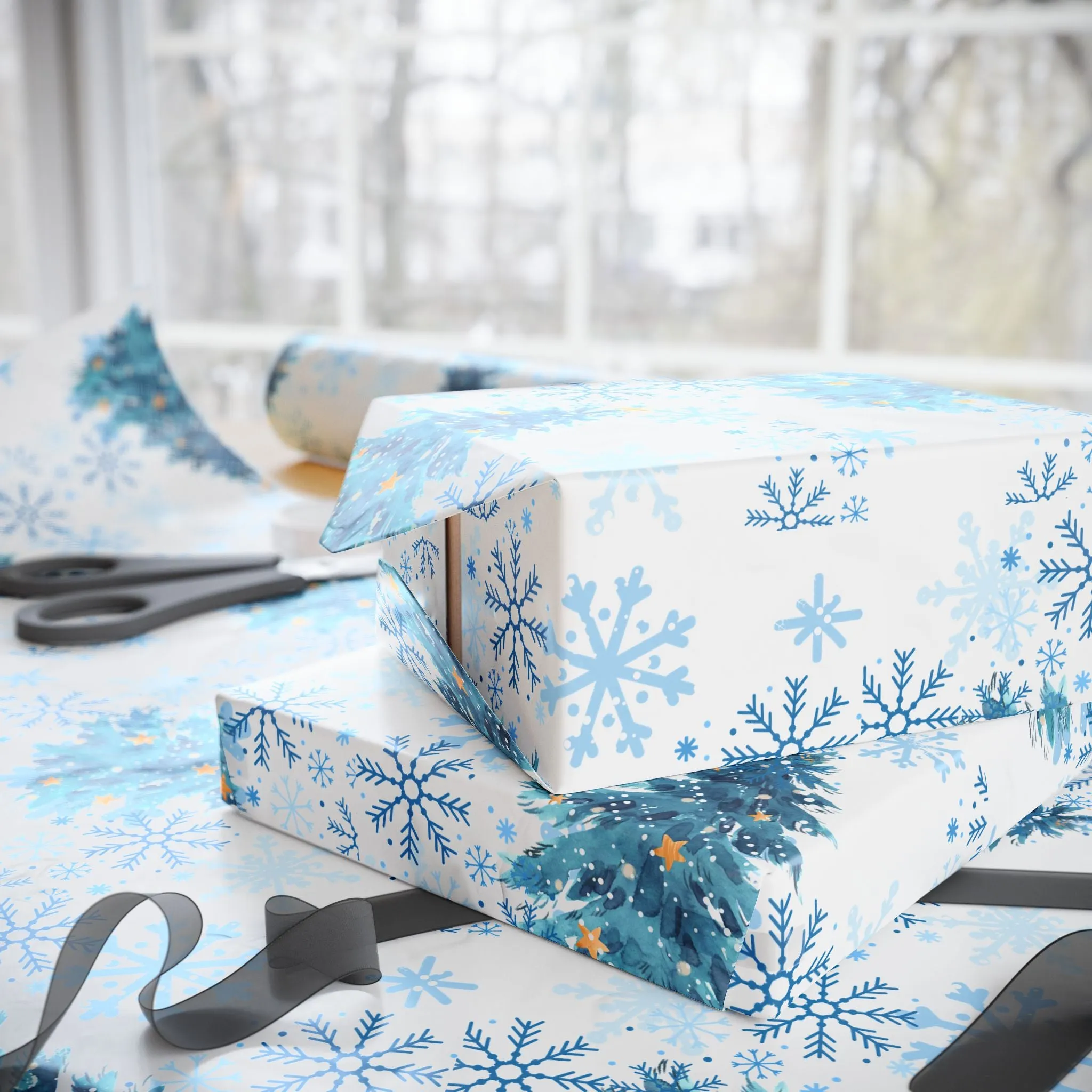 Winter Wonderland Wrapping Paper : Blue Christmas Tree and Snowflake Holiday Gift Wrap, Premium Eco-Friendly Design