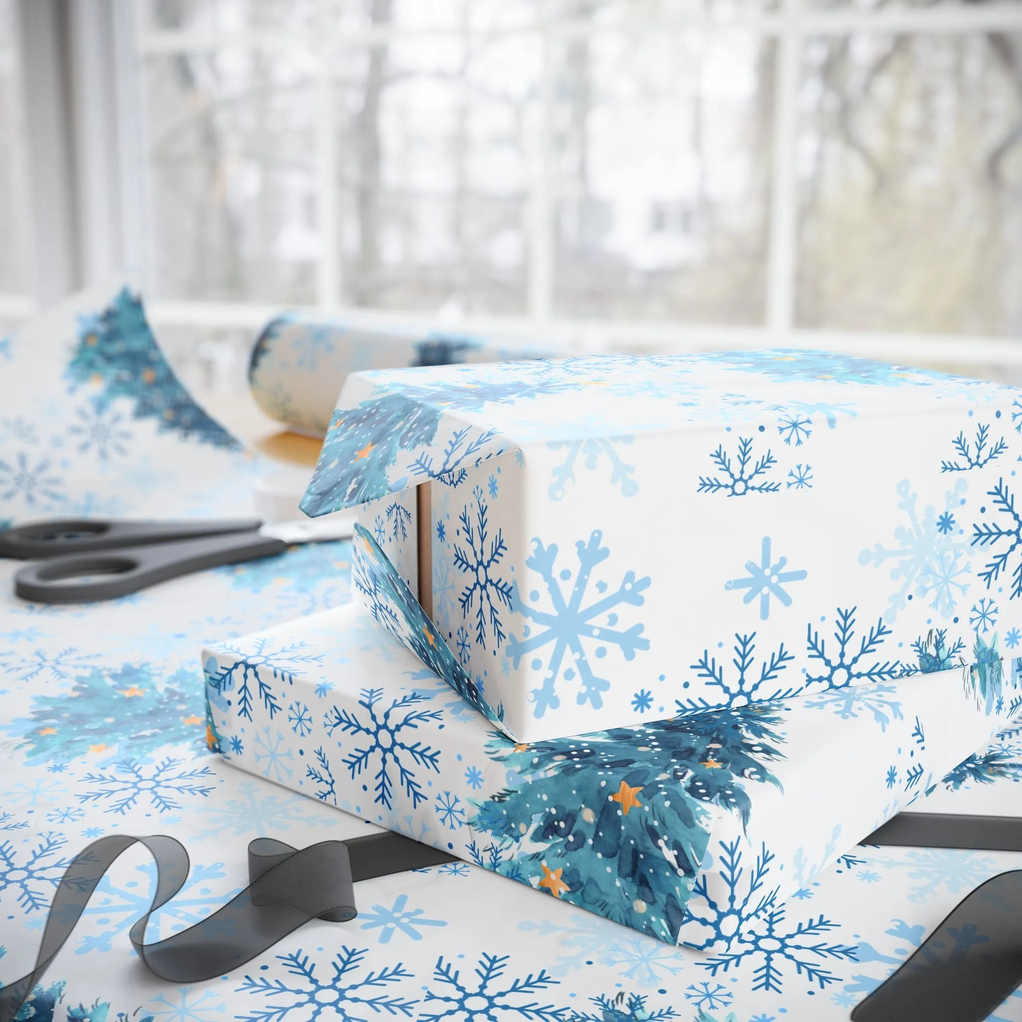 Winter Wonderland Wrapping Paper : Blue Christmas Tree and Snowflake Holiday Gift Wrap, Premium Eco-Friendly Design