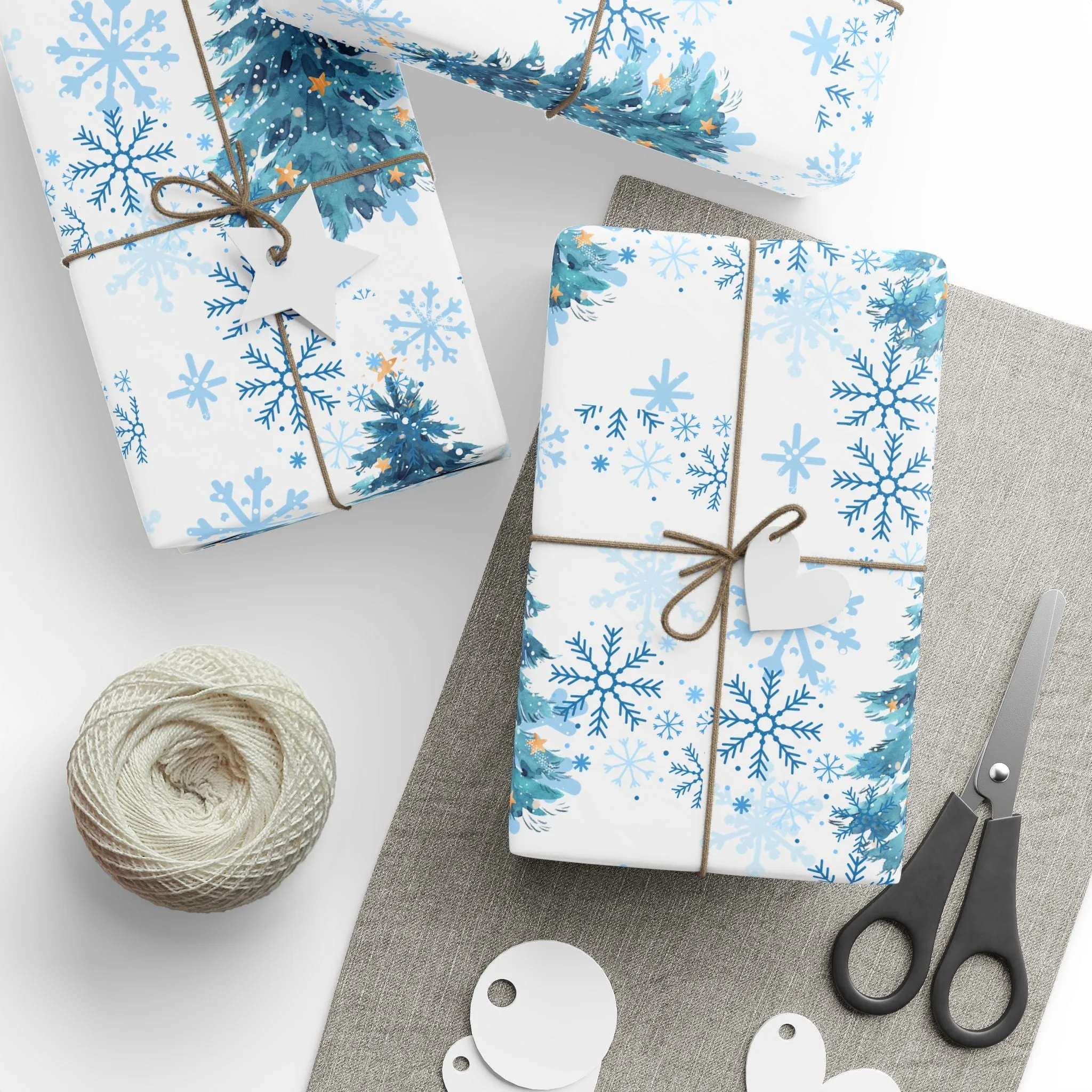 Winter Wonderland Wrapping Paper : Blue Christmas Tree and Snowflake Holiday Gift Wrap, Premium Eco-Friendly Design