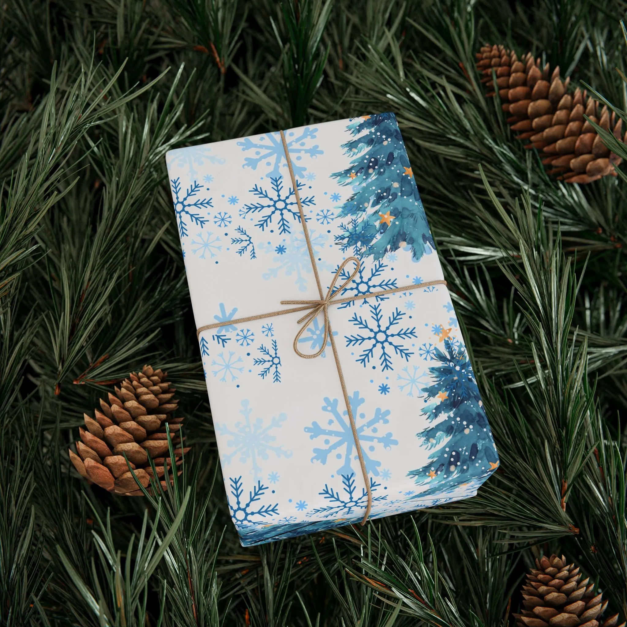 Winter Wonderland Wrapping Paper : Blue Christmas Tree and Snowflake Holiday Gift Wrap, Premium Eco-Friendly Design