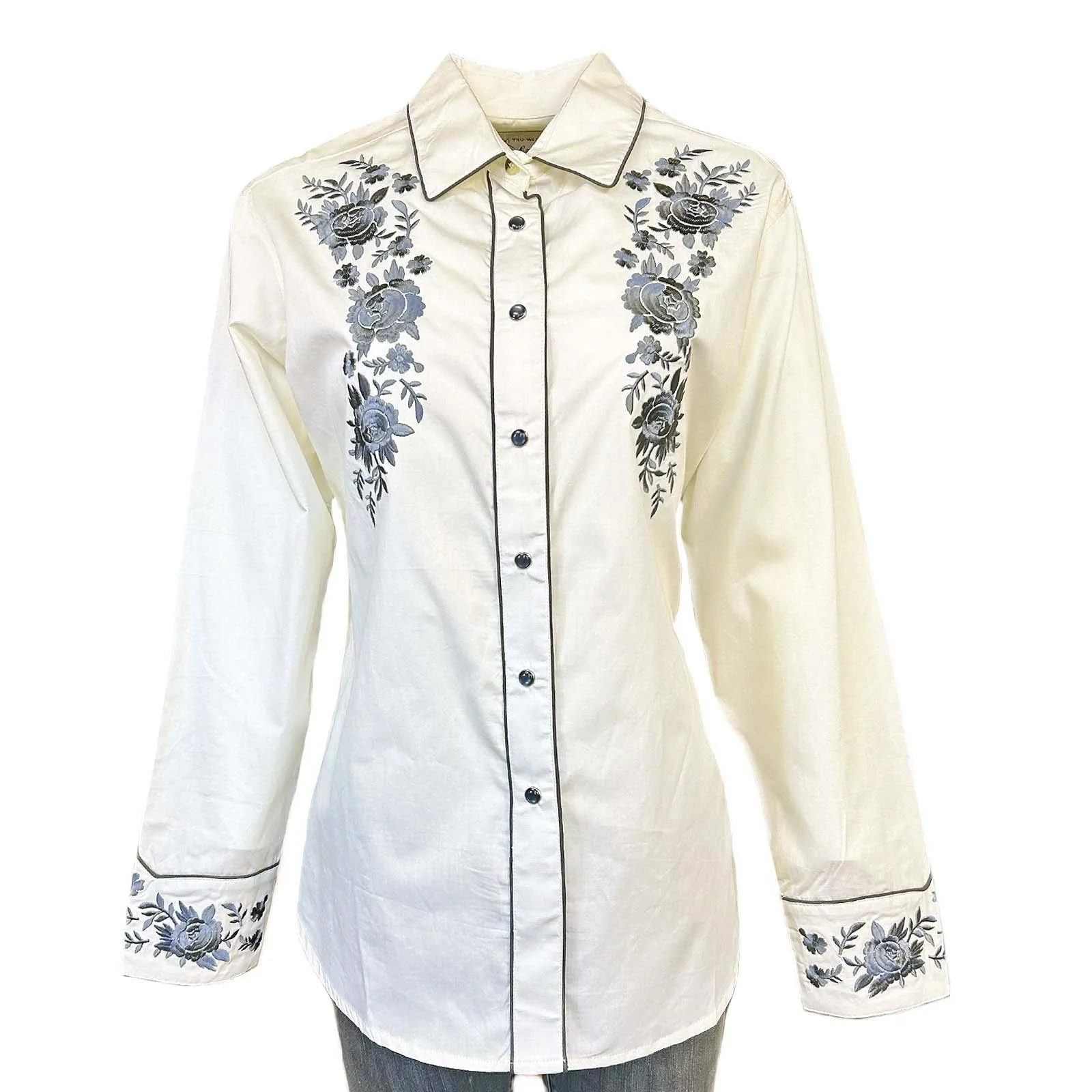 Women's Vintage Ivory Cascading Floral Embroidery Western Shirt